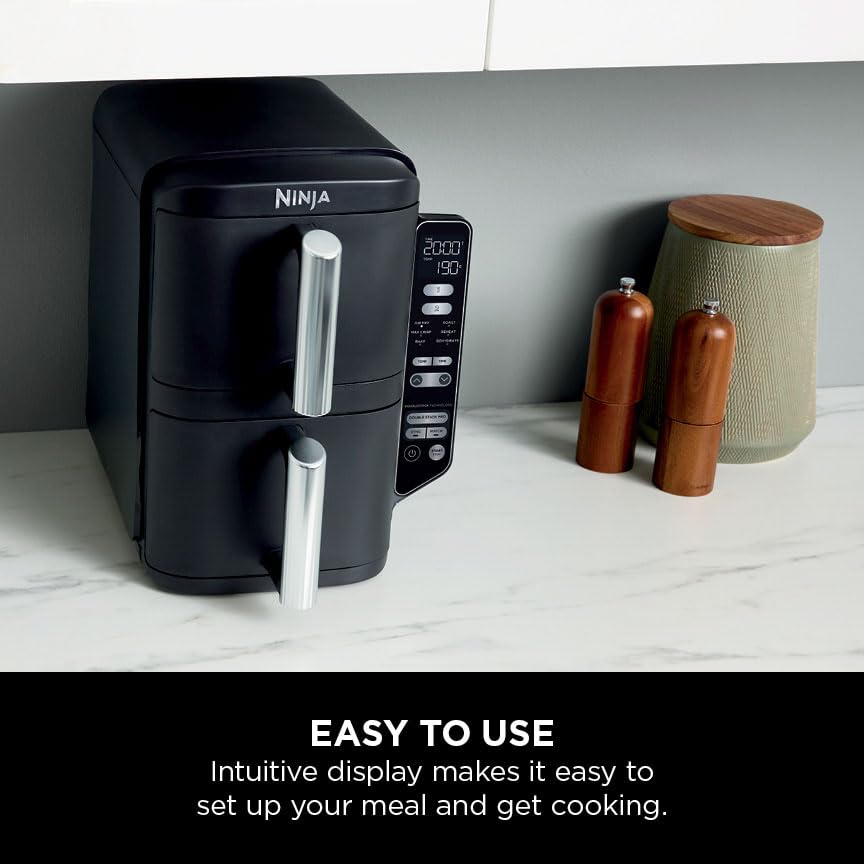 Ninja Double Stack Air Fryer, Vertical Dual Drawer Air Fryer with 4 cooking levels, 2 Drawers and 2 Racks, Space Saving Design, 7.6L Capacity, 6 Cooking Functions, 6 Portions, Black SL300UK
